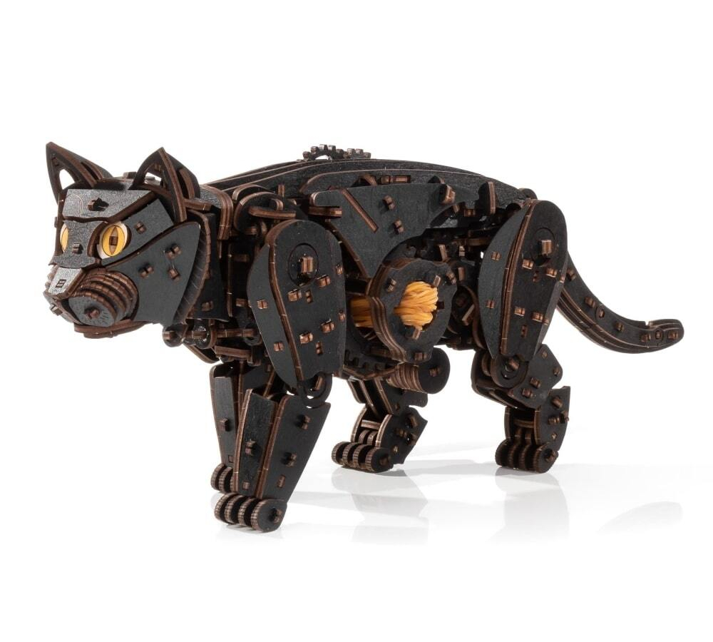 Механический Черный Кот от Eco Wood Art (EWA) - Деревянный конструктор, сборная механическая модель, 3D Пазл