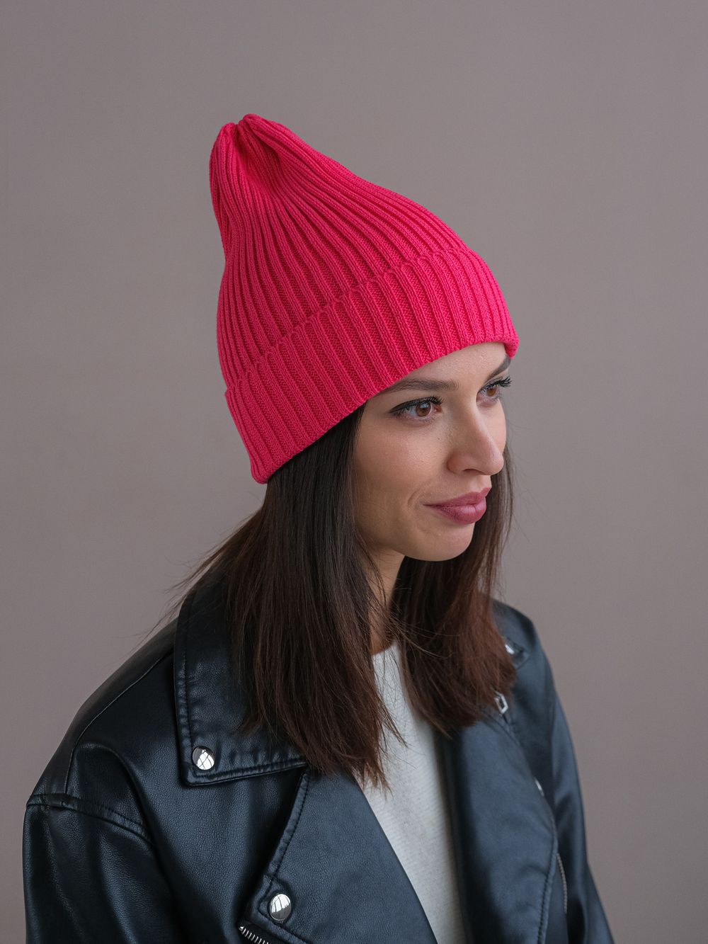 Шапка вязаная-резинка весенняя/осенняя хлопковая КЭП(Фуксия)