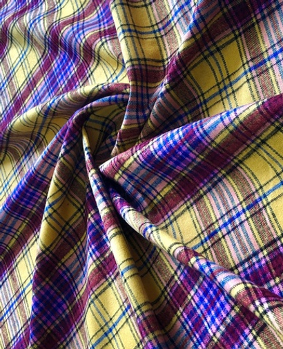 Костюмная принт клетка, синий/желтый, хлопок, вискоза