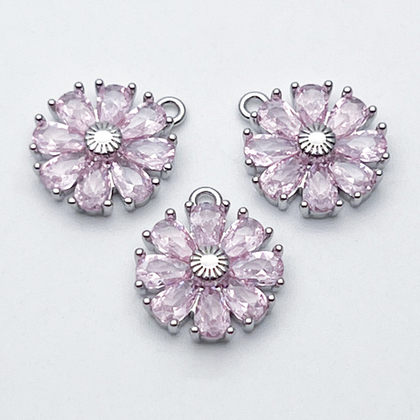 Подвеска Цветок, цвет серебро (родий) + розовый, размер 15*12 мм, цена за 1 шт