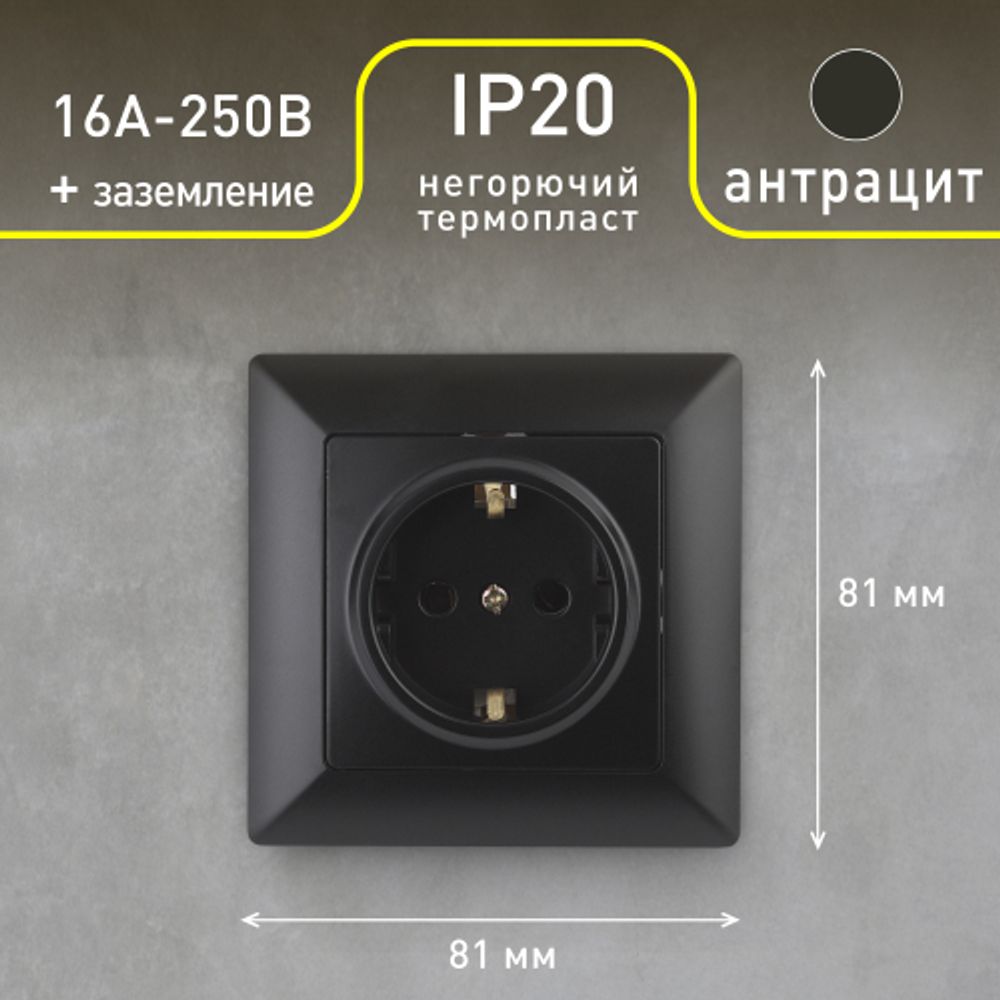 Розетка Intro Solo 4-202-05 с заземлением 2P+E Schuko, 16А-250В, IP20, СУ, антрацит