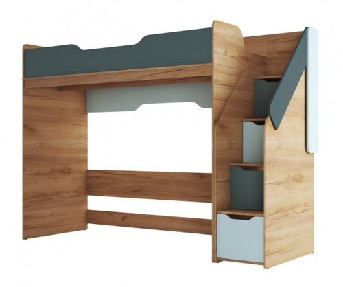 RICH Кровать - чердак КР-001 (сп.место 0.8 х 2.0 м) Дуб Крафт золотой / Мята / Сумеречный голубой