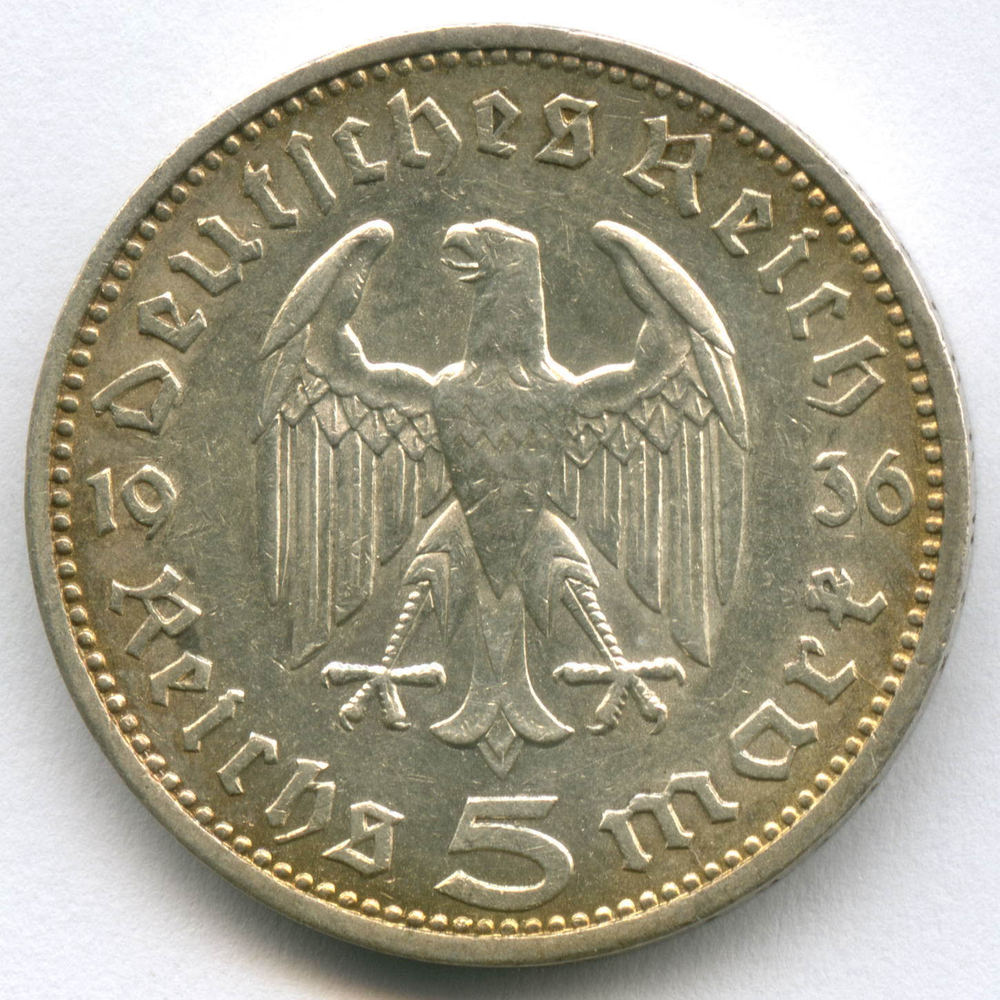 5 марок 3 рейх 1936 год (A) орел без свастики XF-AU