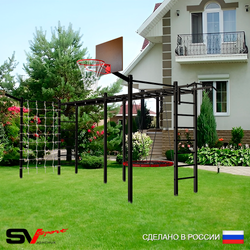 Уличная шведская стенка Sv Sport рукоход х 2 с комплектом турник прямой 2шт У52177.2К (Турник/Гнездо 115см/Щит баскет/Кронш бокс/Сетка)