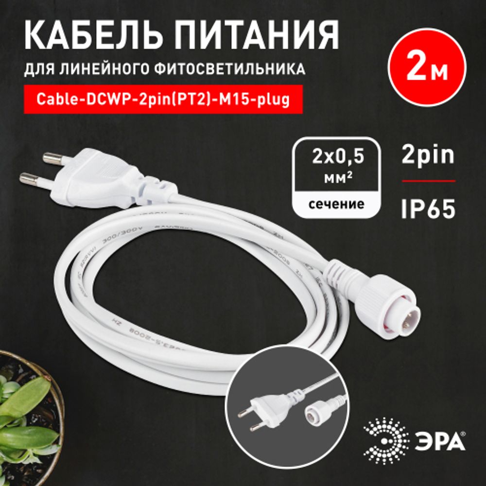 Кабель питания для линейного светильника ЭРА Cable-DCWP-2pin(PT2)-M15-plug -2m | Аксессуары для фито светильников