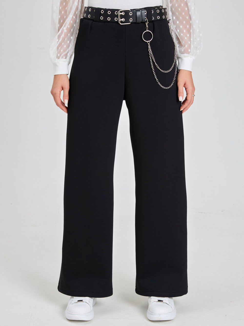 Брюки утепленные для девочки палаццо с ремнем люверсы чёрные