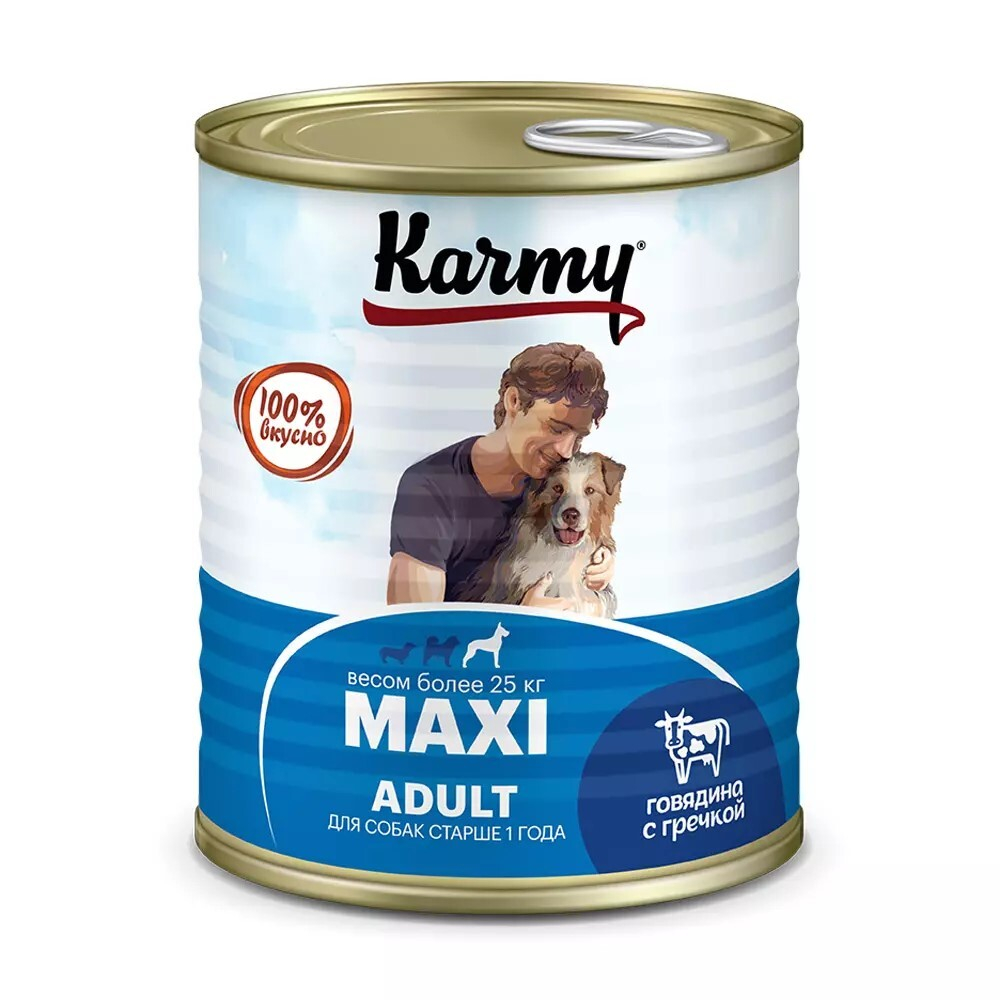 Karmy Полнорационный консервированный корм для собак крупных пород, Говядина с гречкой, 850г. Карми