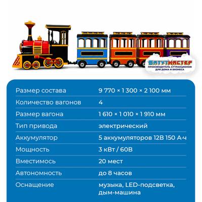 Детские аттракционы паровозик «Яркий контраст», 4 вагона, 20 мест