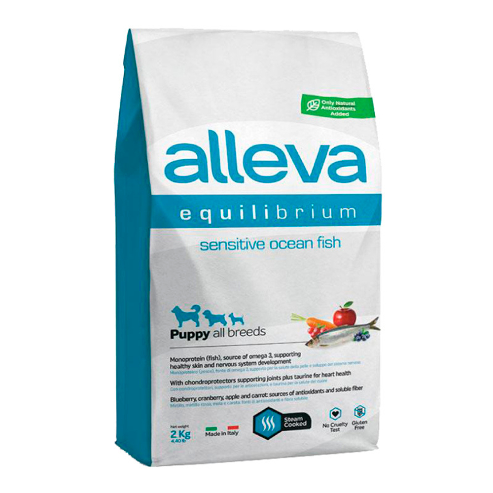 Полнорационный корм Alleva Equilibrium Sensitive, для щенков всех пород, океаническая рыба, 2 кг