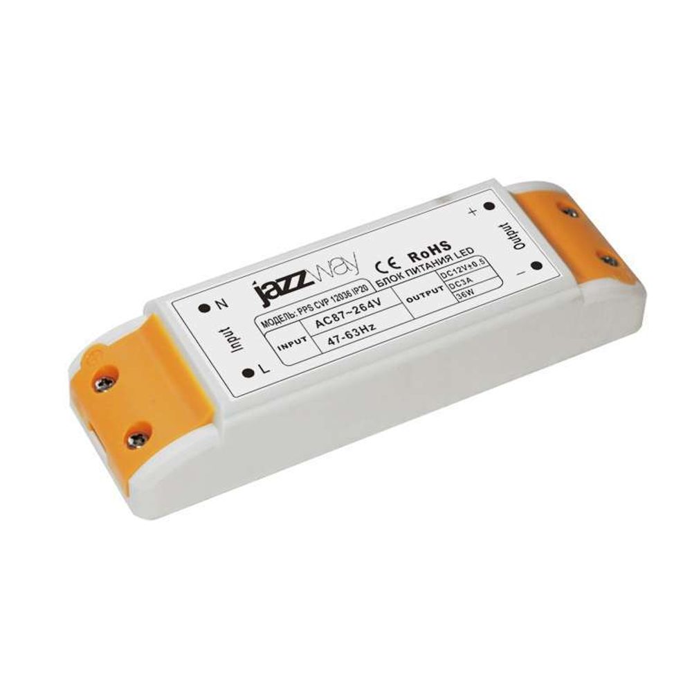 Блок питания для светодиодной ленты 36Вт 0.67А-0.28А 12В IP20 PPS CVP 12036 пластик JazzWay 1016355 Блок питания для светодиодной ленты 36Вт 0.67А-0.28А 12В IP20 PPS CVP 12036 пластик JazzWay 1016355