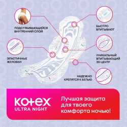 Прокладки, Kotex, Ultra Soft Night, 14 шт.