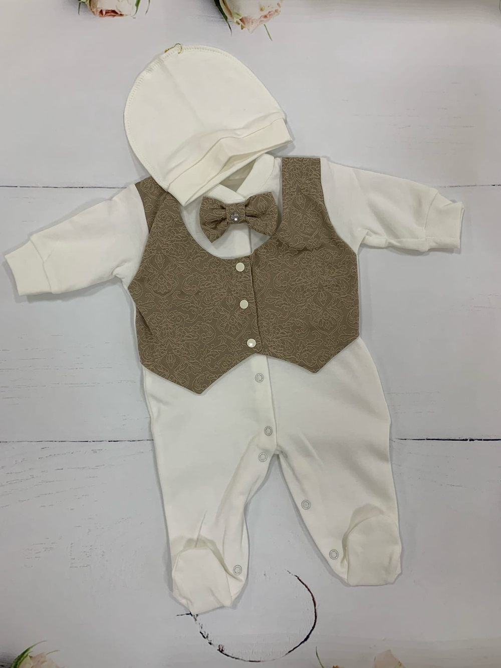 Комбинезон Жаккардовый жилет на подкладе, коричневый (интерлок) Арт. 1526 (Карапуззики) (Размер: 62)