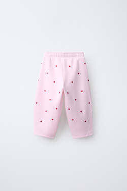 ZARA БРЮКИ BARREL ИЗ ФУТЕРА С ВЫШИВКОЙ В ВИДЕ СЕРДЕЦ, РОЗОВЫЙ
