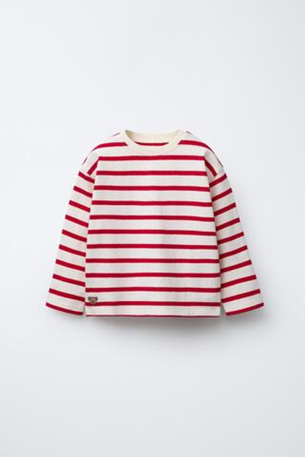 ZARA ЛОНГСЛИВ ИЗ ПЛОТНОГО ТРИКОТАЖА В ПОЛОСКУ С ВЫШИВКОЙ, КРАСНЫЙ