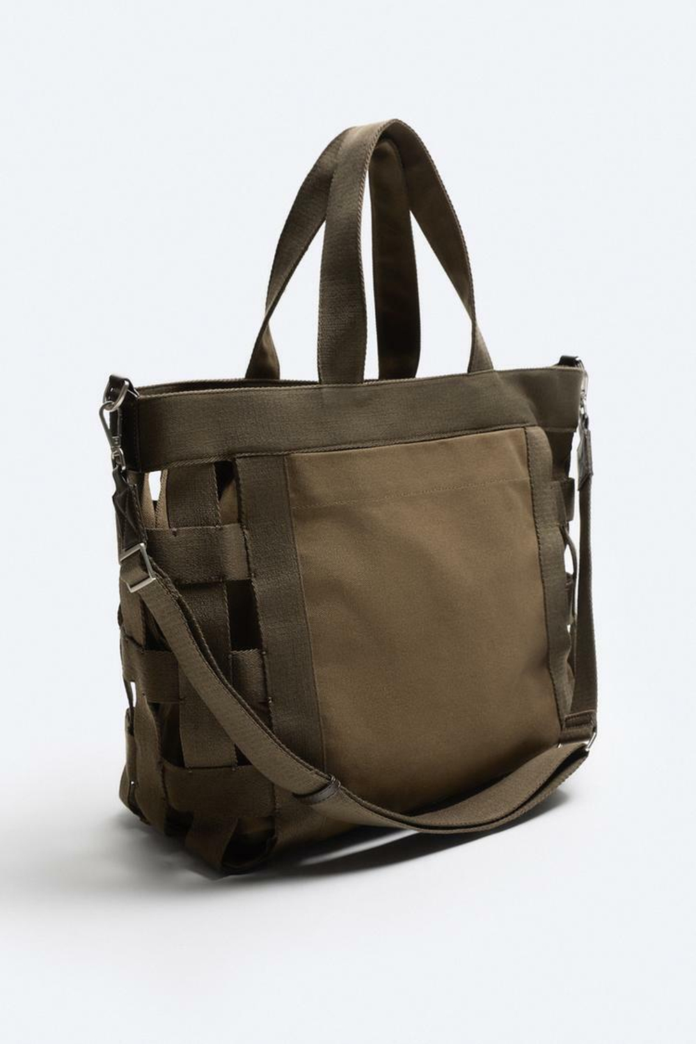 ZARA ПЛЕТЕНАЯ ХОЛЩОВАЯ СУМКА-ШОПЕР, ЗЕЛЕНЫЙ ХАКИ