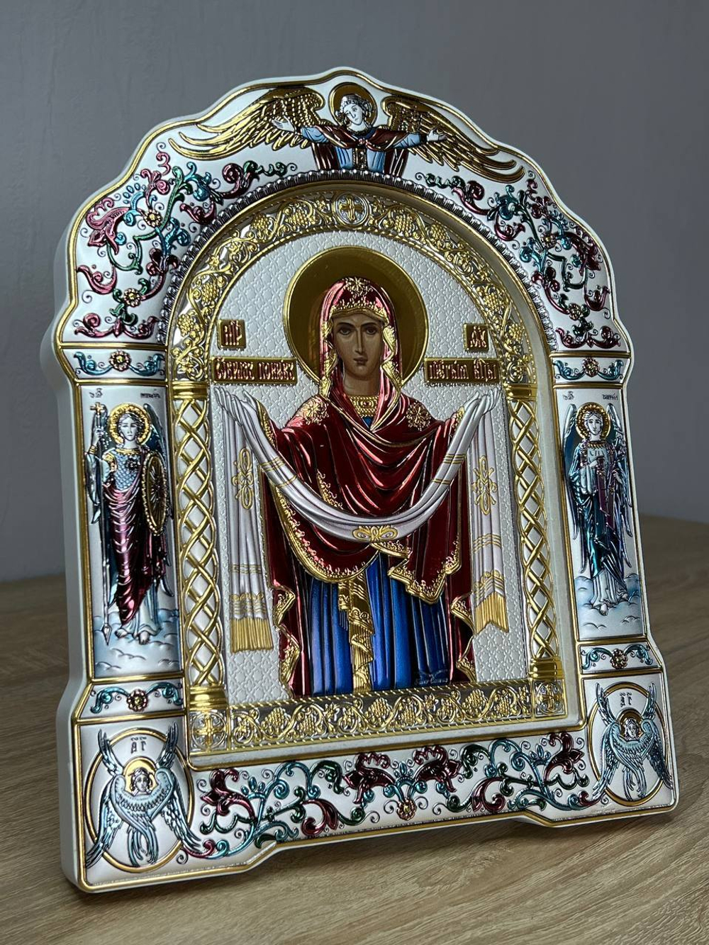 Покрова БМ, икона арочная с рамкой под стеклом, белое дерево, эмаль 206х270