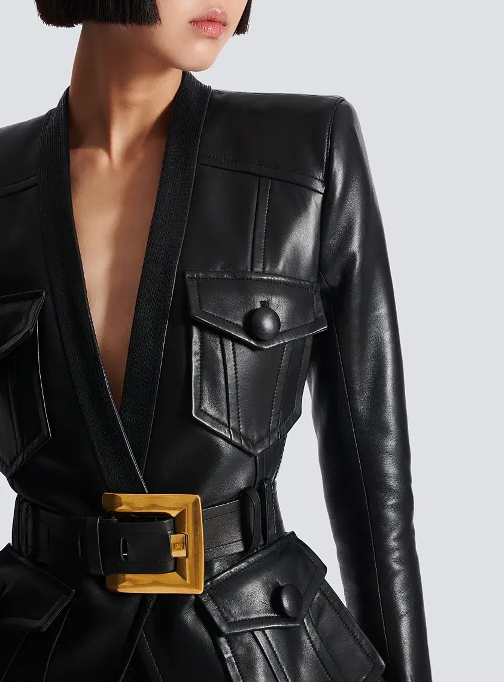 Куртка из кожи ягнёнка с одной пуговицей и поясом от Balmain