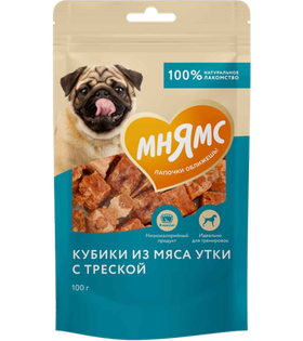 Мнямс Лакомство для собак Кубики из мяса утки с треской 100гр.
