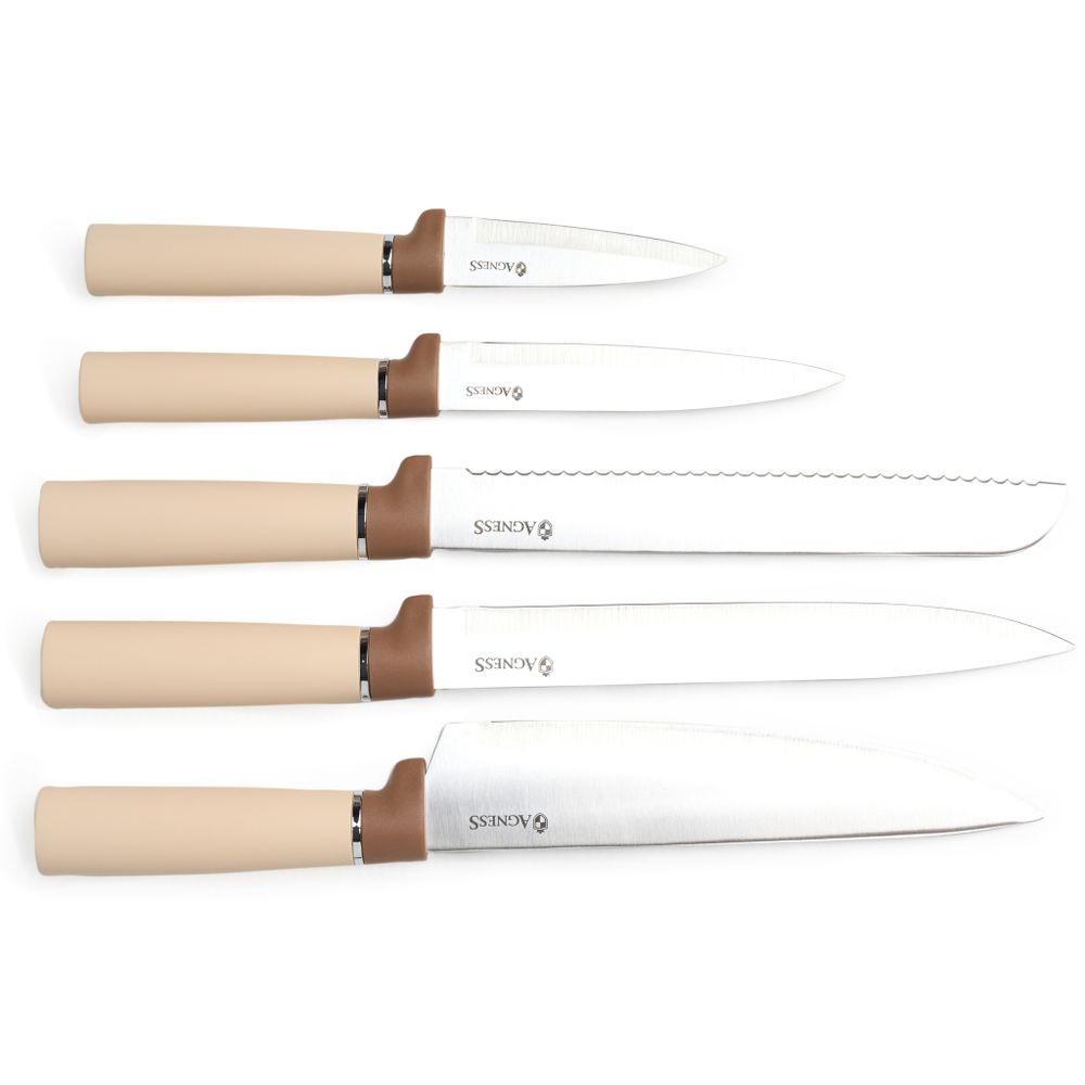 НАБОР AGNESS ИЗ 11ПР: 5 НОЖЕЙ,ПОЛОВНИК,ЛОПАТКА,ШУМОВКА,ПОДСТАВКА,НОЖЕТОЧКА И НОЖНИЦЫ, ЦВЕТ: БЕЖЕВЫЙ