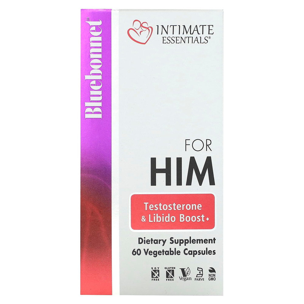 Bluebonnet Nutrition, Intimate Essentials, для него, повышение тестостерона и либидо, 60 вегетарианских капсул