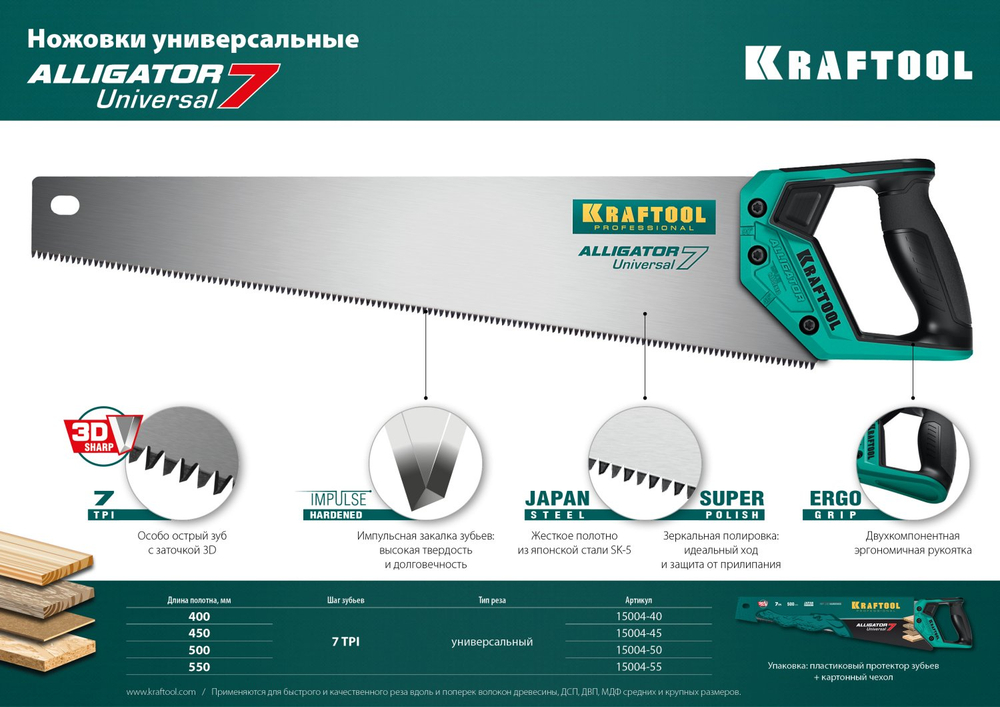 KRAFTOOL Alligator Universal 7, 500 мм, универсальная ножовка (15004-50)