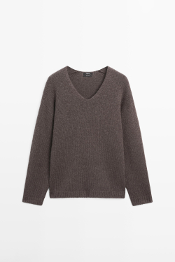 Massimo Dutti Свитер из 100% кашемира с V-образным вырезом, пестро-коричневый