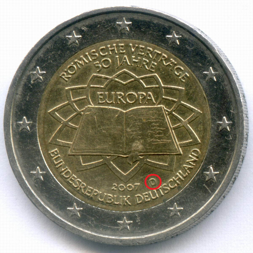 2 евро 2007 год (D). Германия. 50 лет подписания Римского договора. Биметалл XF