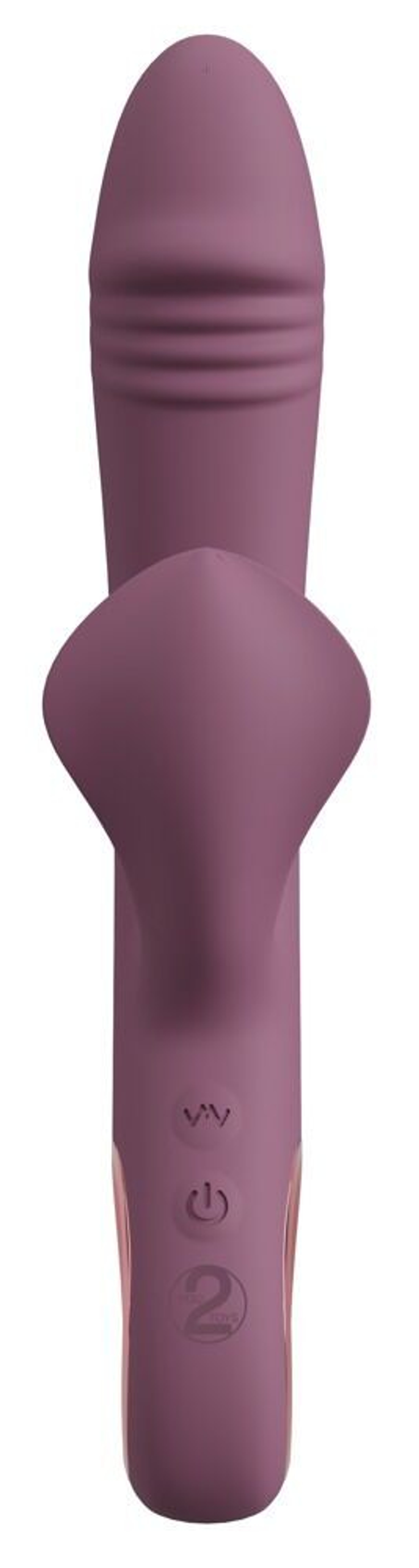Сливовый вибратор с клиторальным отростком и анальным хвостом Slim Triple Plum - 21,4 см.