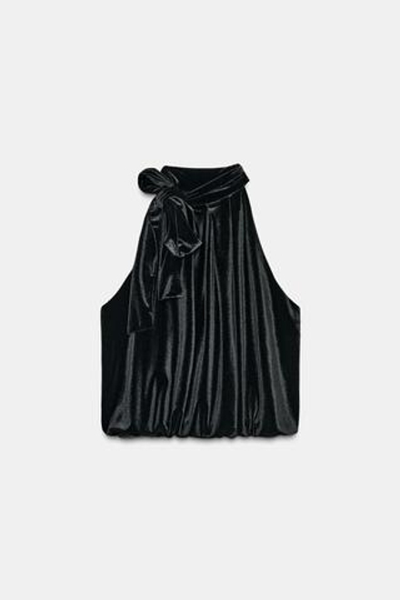 ZARA БАРХАТНЫЙ ТОП-БАЛЛОН С БАНТОМ, ЧЕРНЫЙ