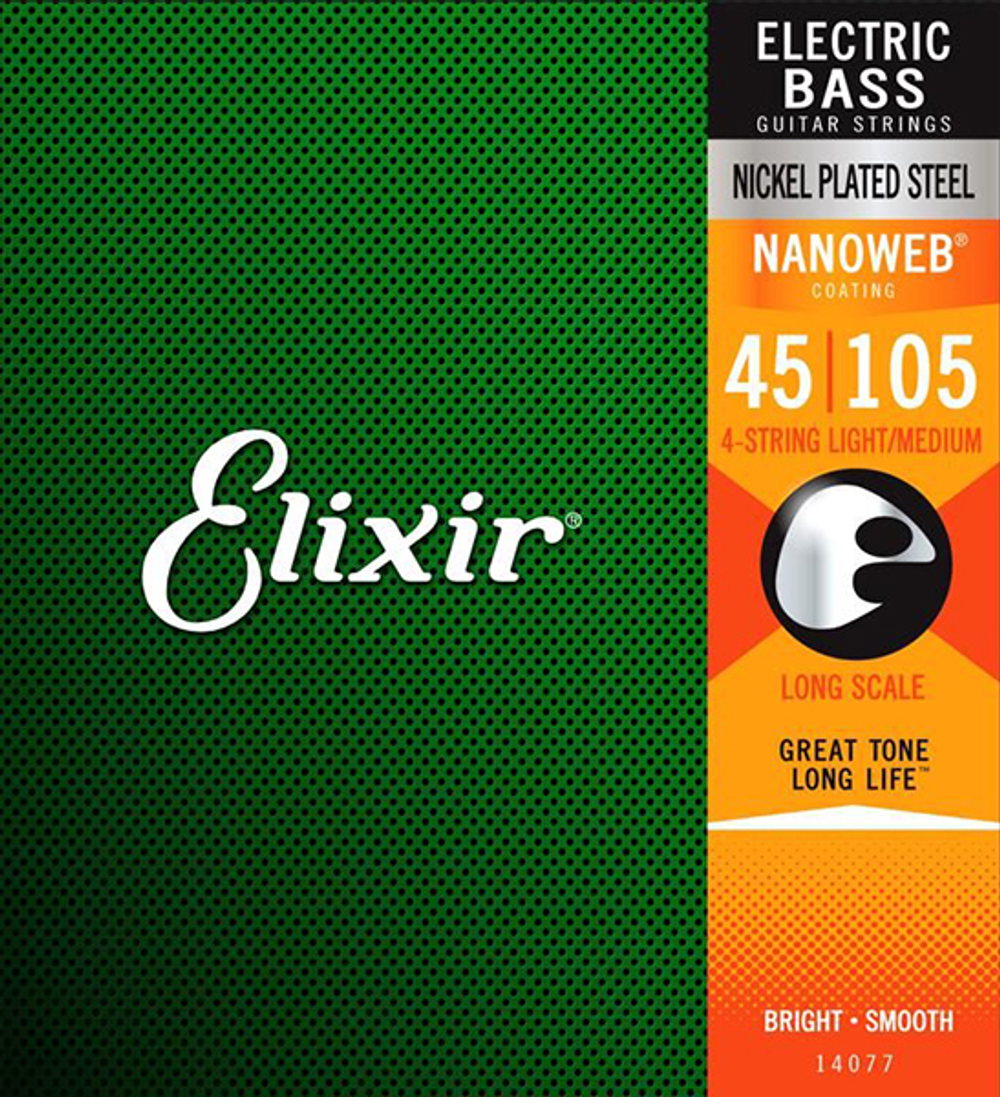 Elixir 14077 Nanoweb Комплект струн для бас-гитары. Сердечник: сталь, навивка: никель-сталь. Medium. Диаметры: .045 - .065 - .085 - .105.