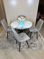 Круглый раздвижной стол "Лофт", белый мрамор и стулья "Ральф" серые