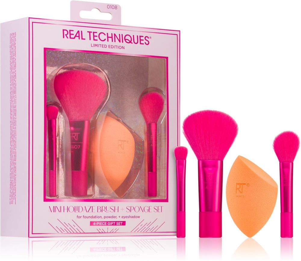 Real Techniques RT 307 Mini eyeshadow brush 1 pc + RT 407 Mini multipurpose brush 1 pc + RT 402 Mini brush for liquid and powder products 1 pc + Miracle Complexion makeup sponge 1 pc Mini Holidaze