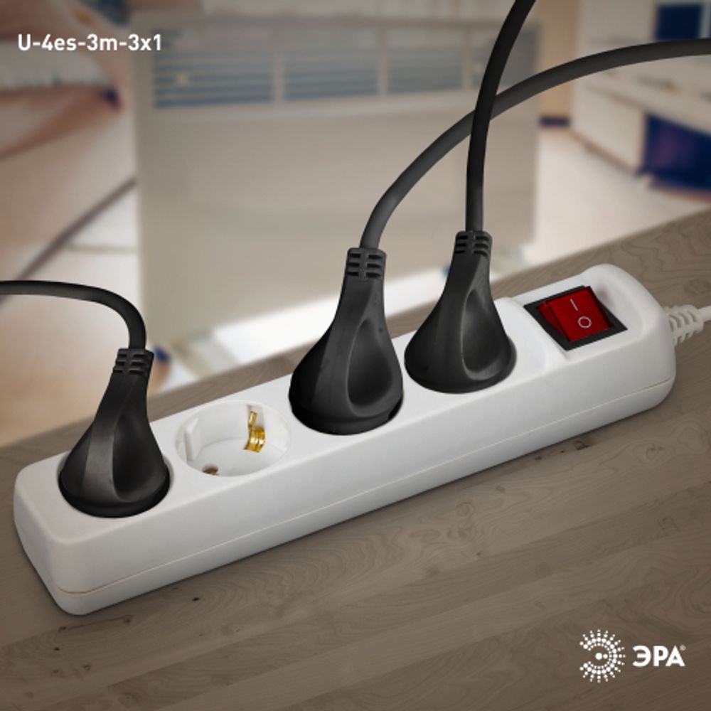 Удлинитель электрический ЭРА U-4es-3m-3x1 с заземлением с выключателем 4 розетки 3м ПВС 3x1мм2 16А | Бытовые удлинители