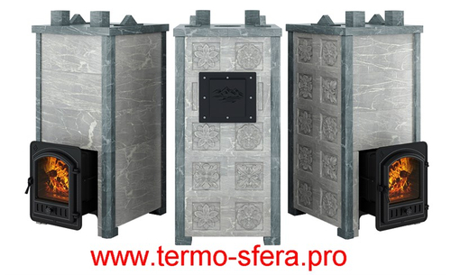Печь Эверест "Легкий пар Профи" каменка из нерж. стали, Талькохлорит, S-50 мм, Резная (2 стороны)