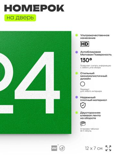 Номер на дверь 224, табличка на дверь для офиса, квартиры, кабинета, аудитории, склада, зеленая 120х70 мм, Айдентика Технолоджи