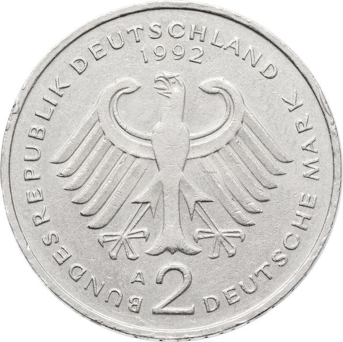 2 марки 1992 Германская «Франц Йозеф Штраус, 40 лет Федеративной Республике (1949-1989)»