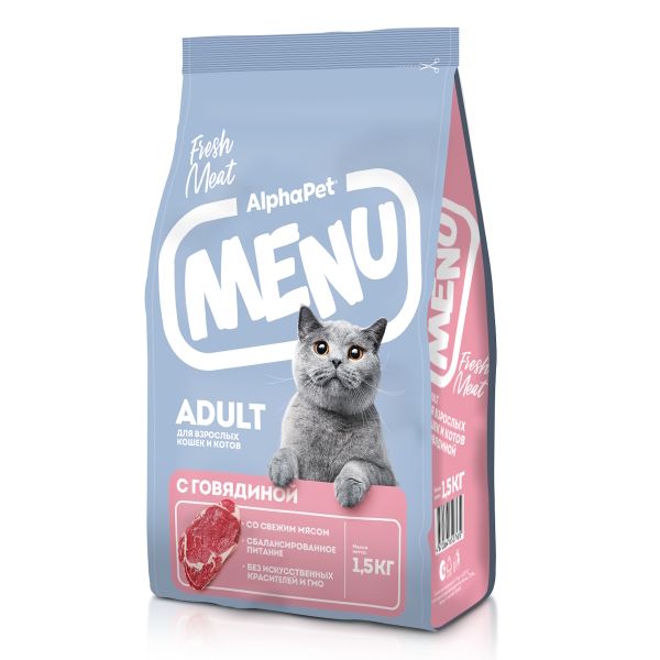 Сухой корм AlphaPet Menu для взрослых кошек и котов с говядиной