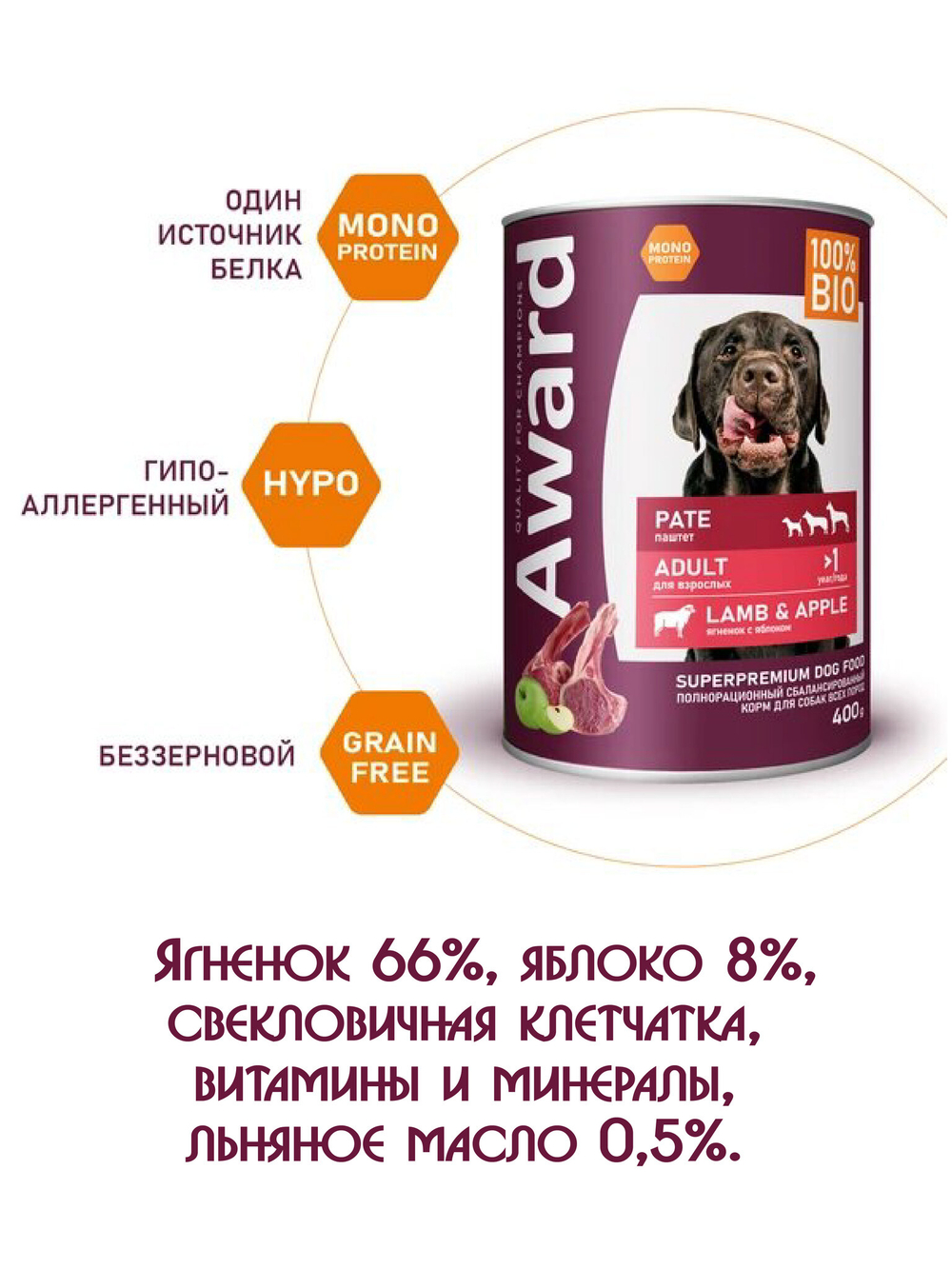Влажный корм для взрослых собак паштет из ягненка с яблоком 400г