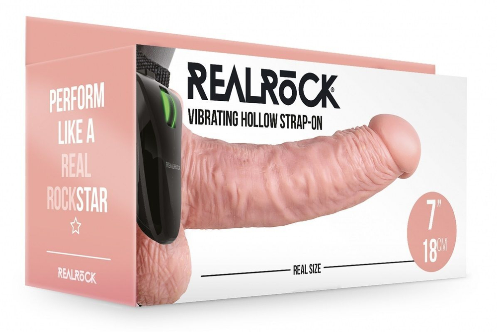 Телесный реалистичный вибрострапон-фаллопротез с мошонкой - 18 см. (Цвет: телесный)