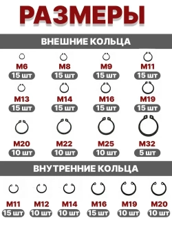 Стопорные кольца набор 6-32 мм 225 шт/ 18 видов / внутренние и внешние кольца