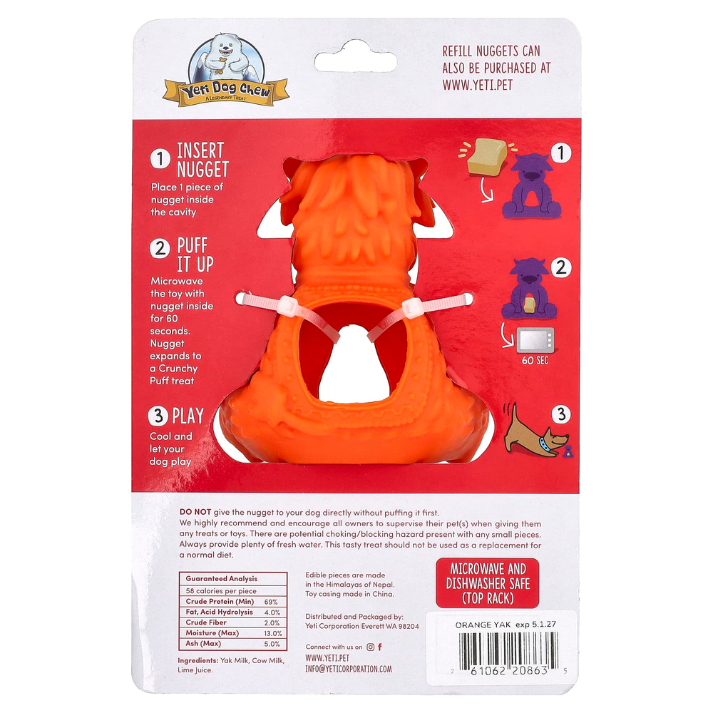 Yeti Dog Chew, Puff & Play, жевательные конфеты для собак, апельсин, 4 жевательных конфеты, 1 дозатор