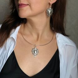 Серьги серебряные ажурные сердца с ангелом, 3 х 4 см, Италия