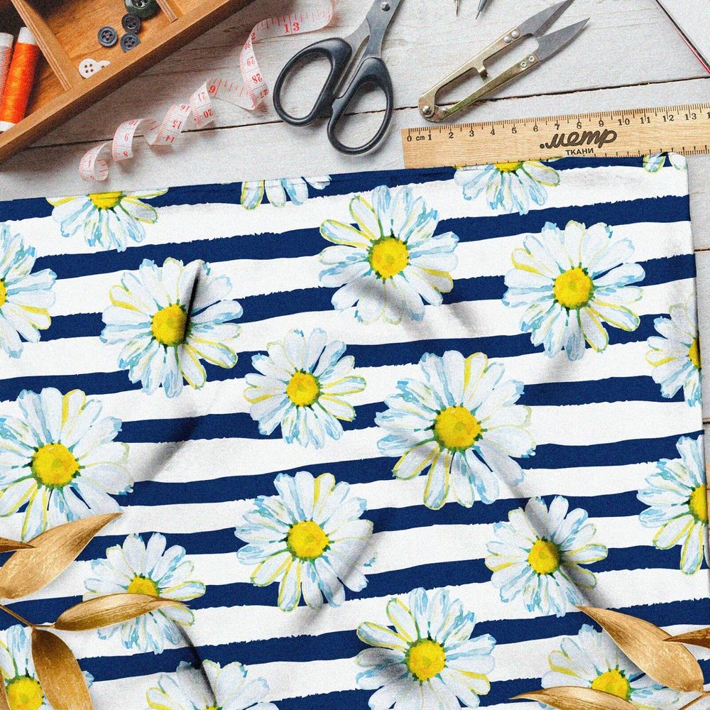 Ткань шифон синие полоски и ромашки