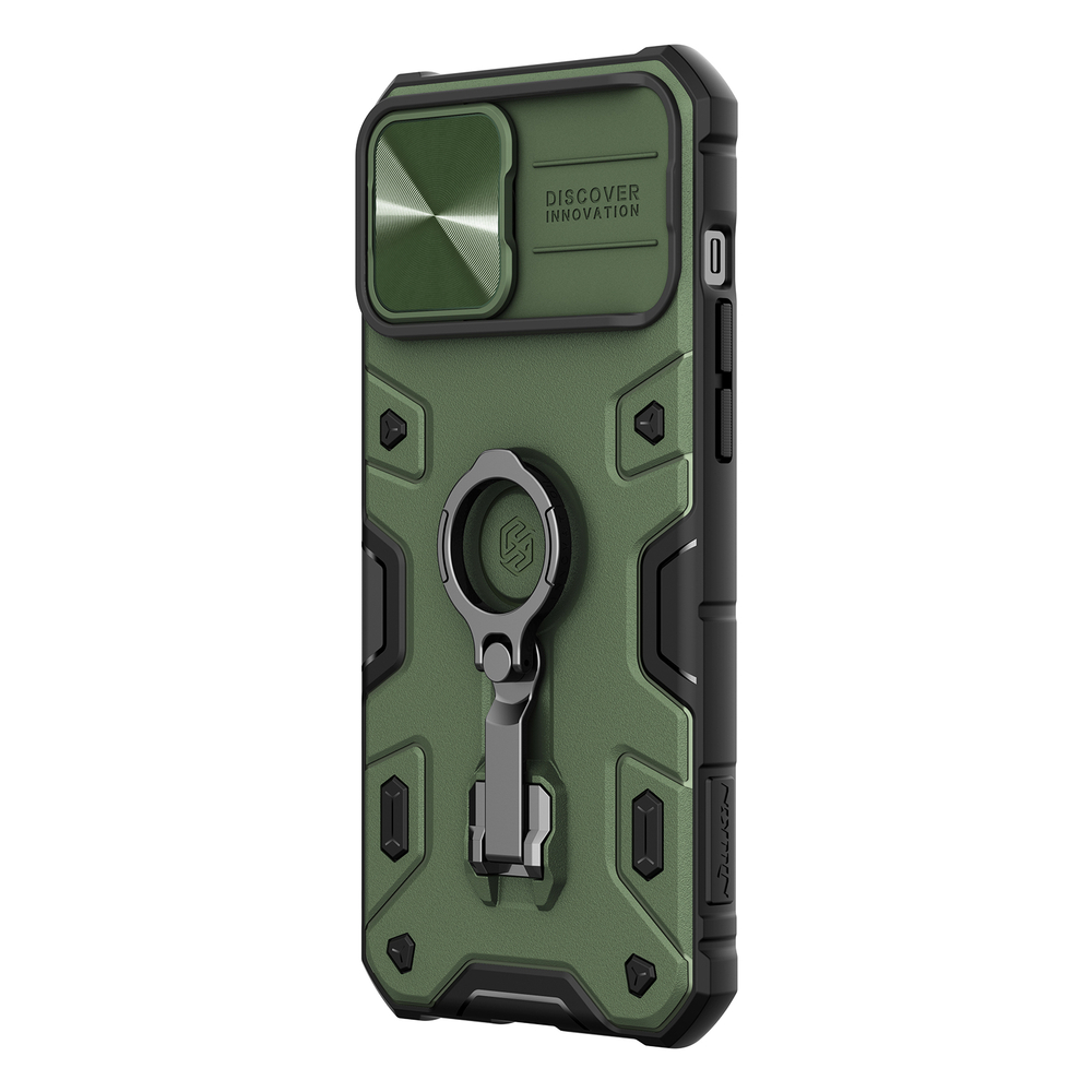 Чехол зеленого цвета (Dark Green) от Nillkin с поддержкой беспроводной зарядки для iPhone 13 Pro Max, серия CamShield Armor Pro Magnetic, с поворотным кольцом и защитной шторкой для камеры