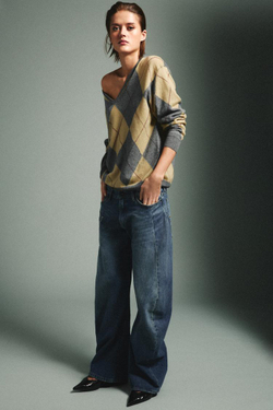 ZARA СВИТЕР ИЗ 100% ШЕРСТИ С УЗОРОМ «РОМБЫ», ЗЕЛЕНЫЙ/СЕРЫЙ