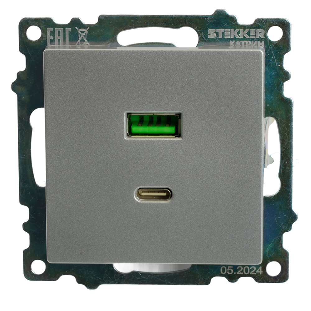 Розетка 2-местная USB + type C (механизм)), STEKKER GLS10-7116-03 , 250B, 3А, max 20W, серия Катрин, серебро 50054