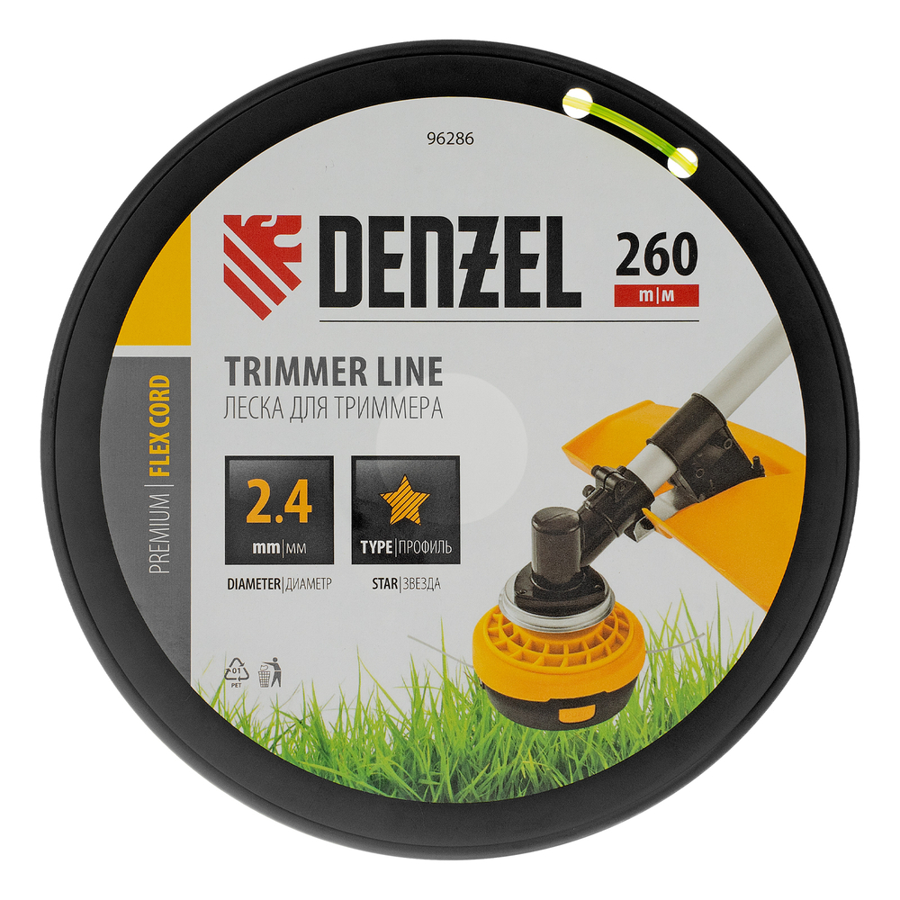 Леска для триммера звезда, 2,4мм х 260м, на DIN катушке FLEX CORD Denzel