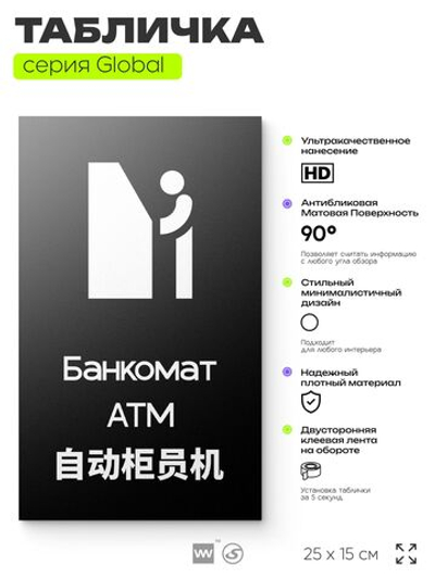 Табличка Банкомат, на дверь и стену, информационная и мультиязычная (русский, английский, китайский), серия GLOBAL, 25х15 см, Айдентика Технолоджи