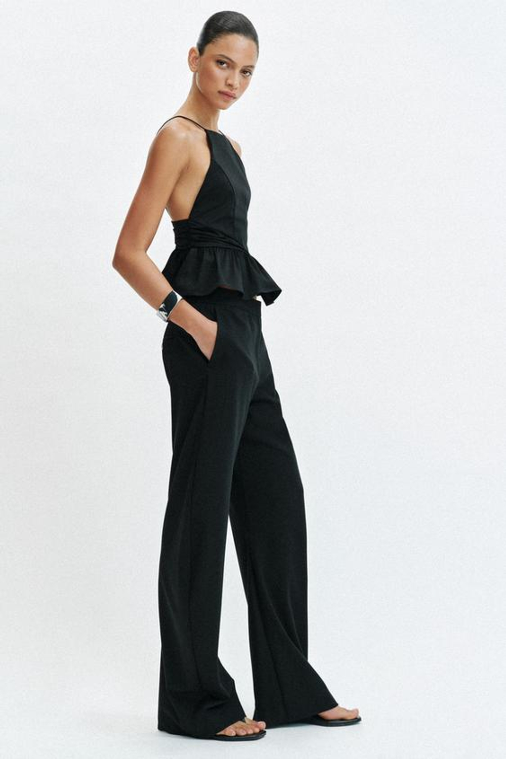 ZARA ТОП С ГОРЛОВИНОЙ ХАЛТЕР И БАСКОЙ, ЧЕРНЫЙ