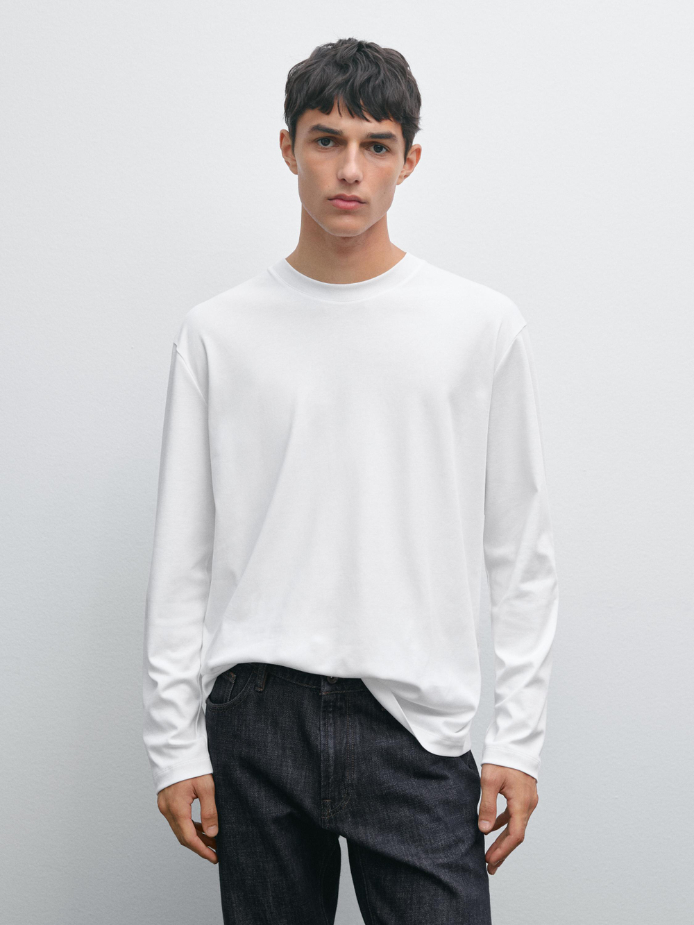 Massimo Dutti Футболка из хлопка среднего размера с длинными рукавами, белый